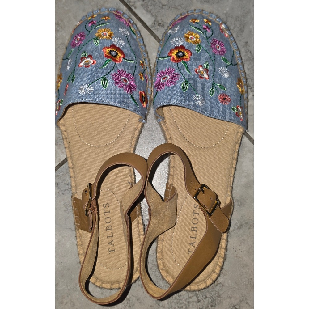 Talbots Izzy d'Orsay Espadrilles Floral Embroidered Chambray Sandals 9M